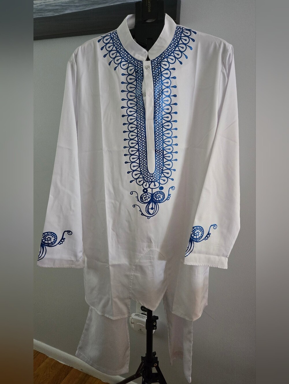 White Men's Embroidered Tunic Shirt with Blue Detailing
